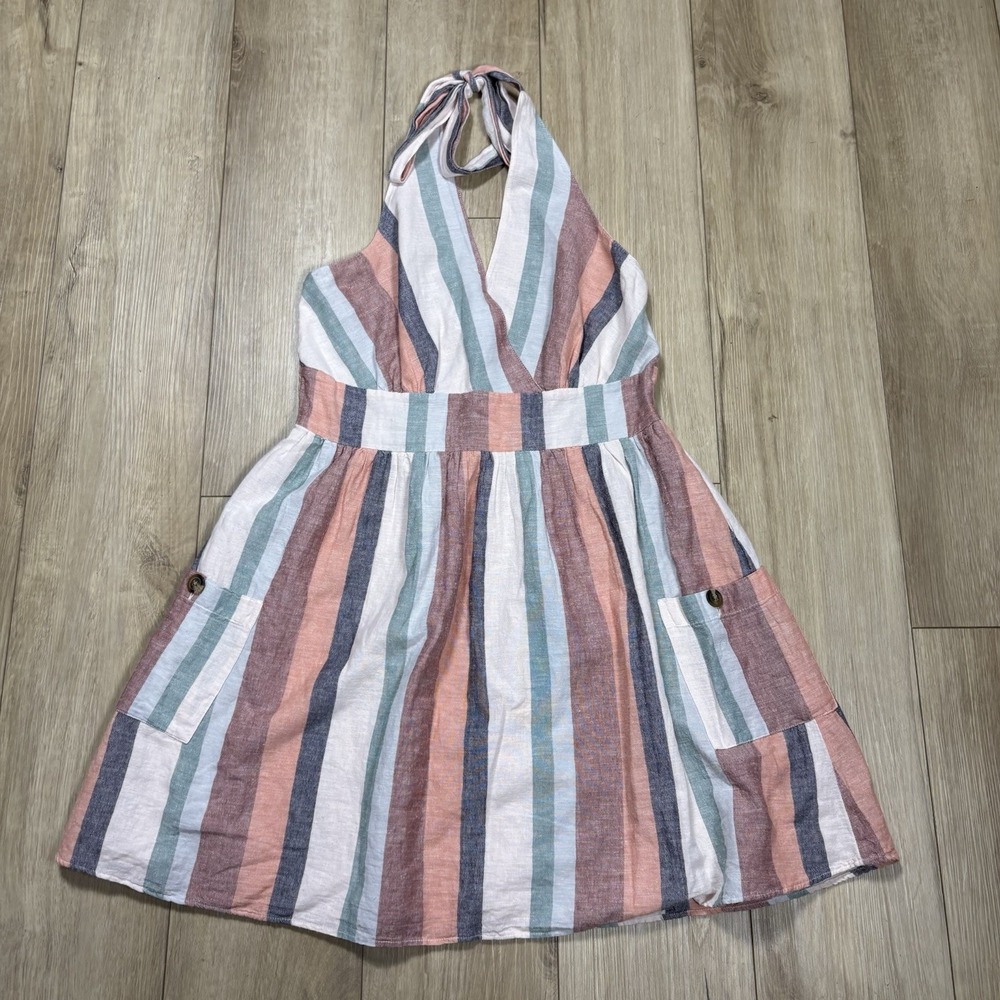 American Eagle Dress Women's Large L Striped Halter Mini Short Pockets‎ Boho